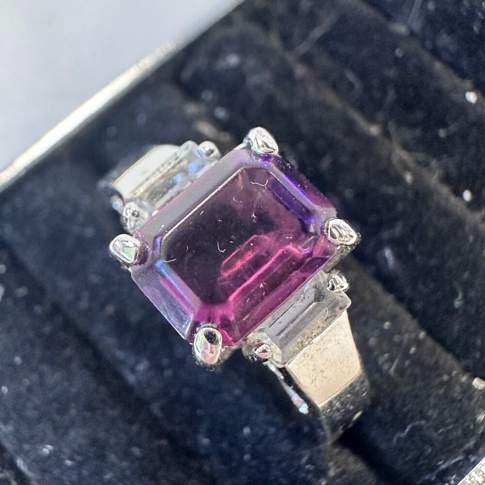 Amethyst and Clear Stone Silver Tone Fashion Ring